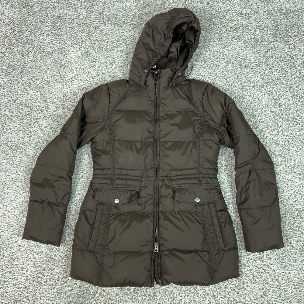 Lands End Coat Womens XS Brown Down Puffer Hooded Jacket Zip Quilted Winter